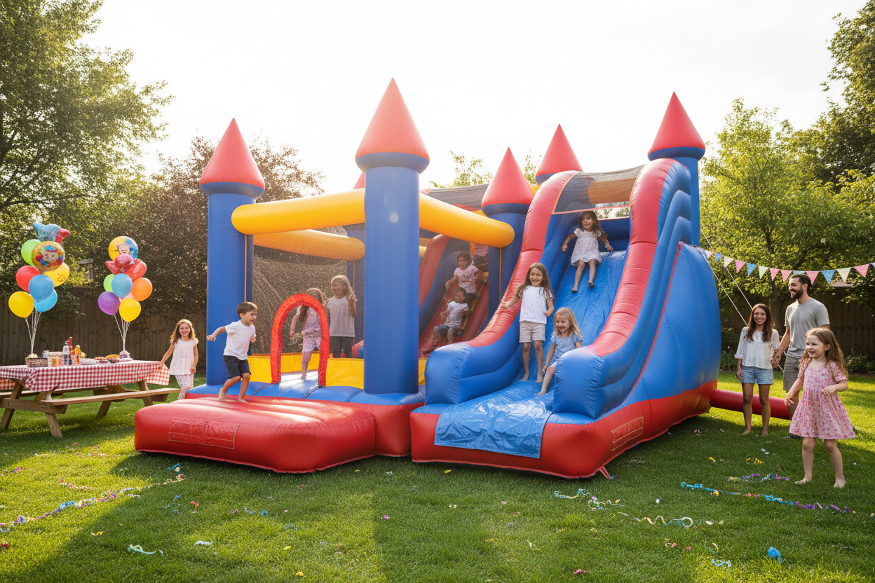 bounce house/ slide combo with at a party 